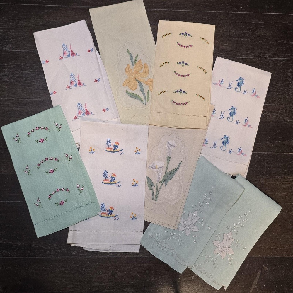 9 Embroidered Vintage Napkins Floral Seahorse Native American Mixed Handmade‎